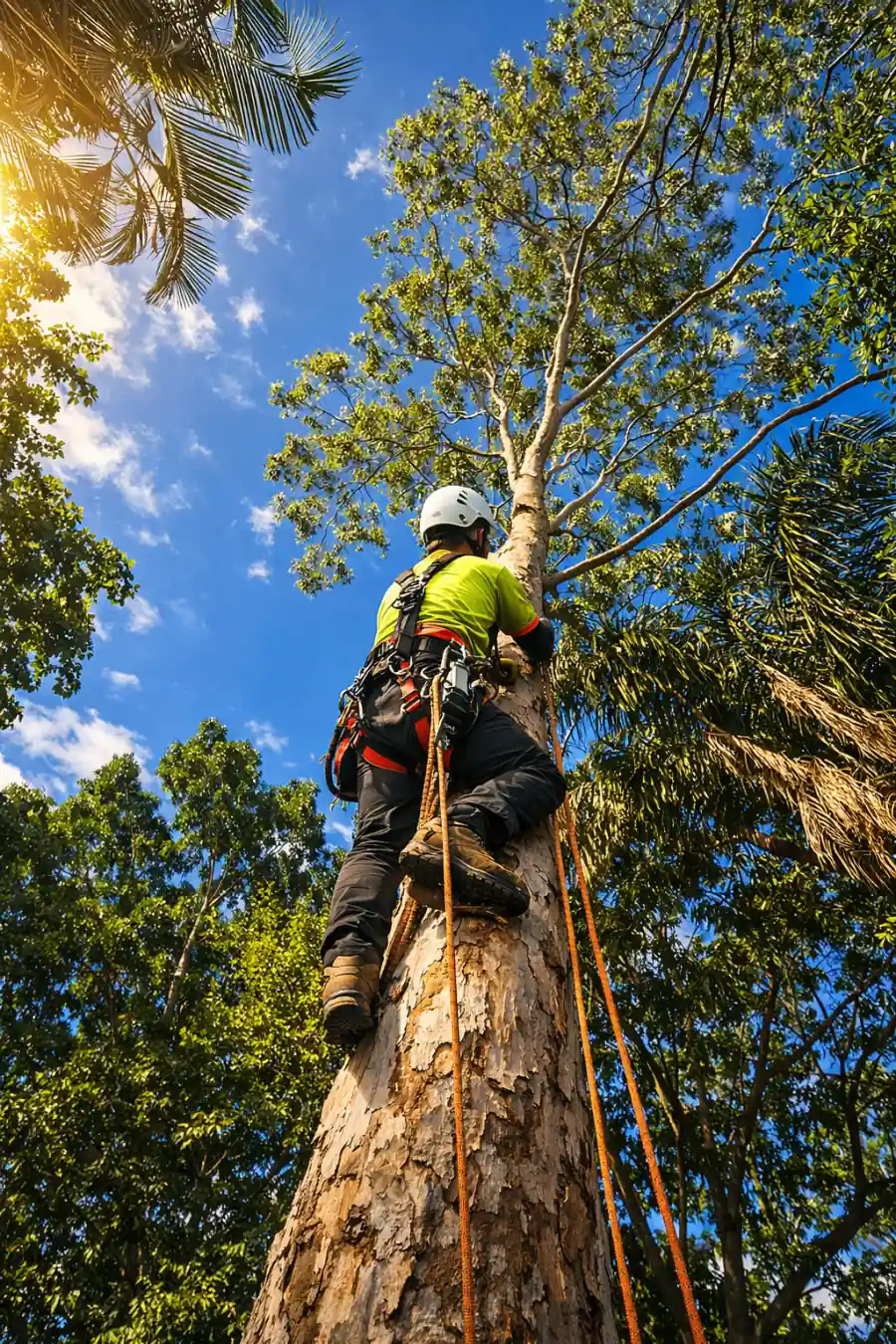 Tree care specialist in safety harness climbing a tree in Brisbane